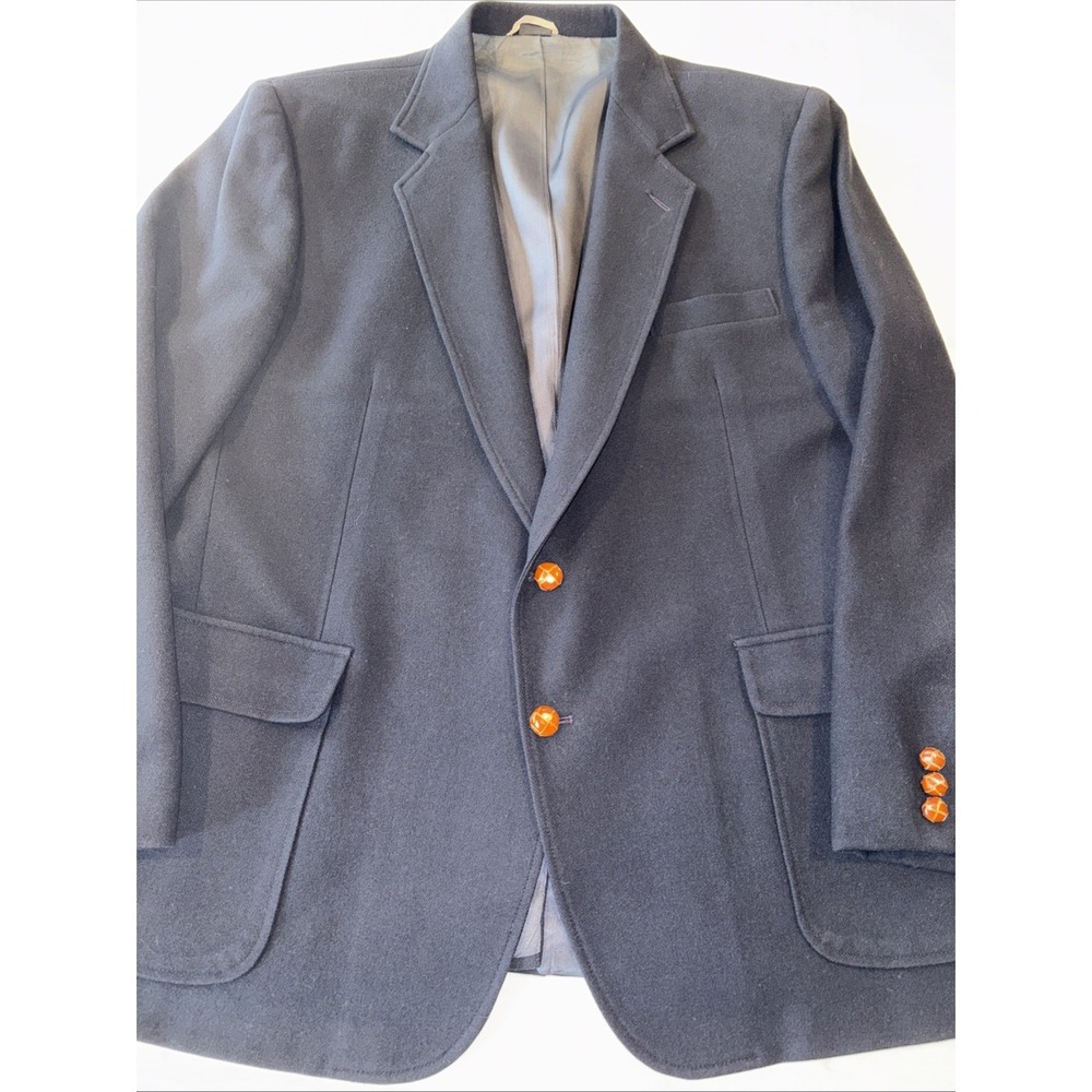 Vtg Imperial by Haggar Mens 46 100% Wool Heavyweight Leather Button Blazer Navy
